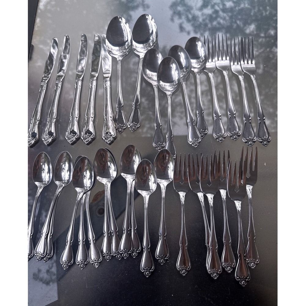 Oneida 1881 Rogers Flatware Set 33pc Baroque Rose Stainless Silverware Floral EX